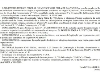 Piritiba: MPF instaura inquérito para apurar licitação de material de expediente